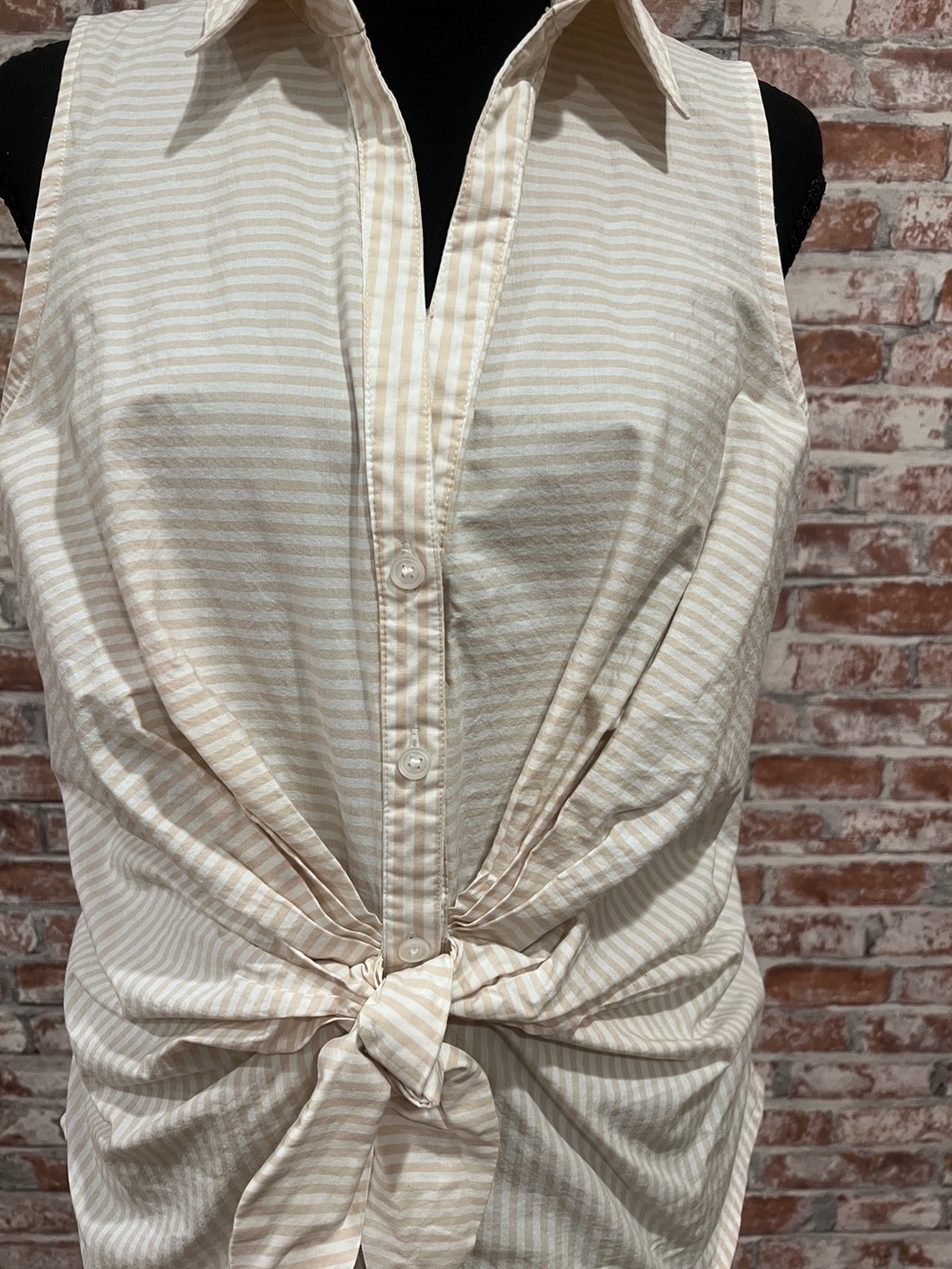 Nine West Womens Neutral Striped Sleeveless Front Knot Button-down Coastal Top L - Picture 2 of 14